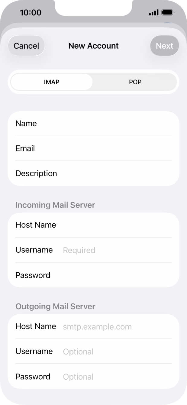Press Username and key in the username for your email account.