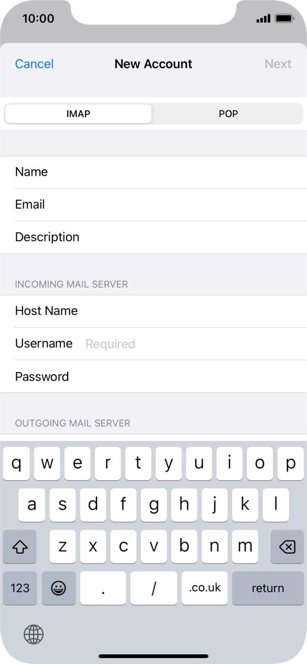 Press Username and key in the username for your email account.