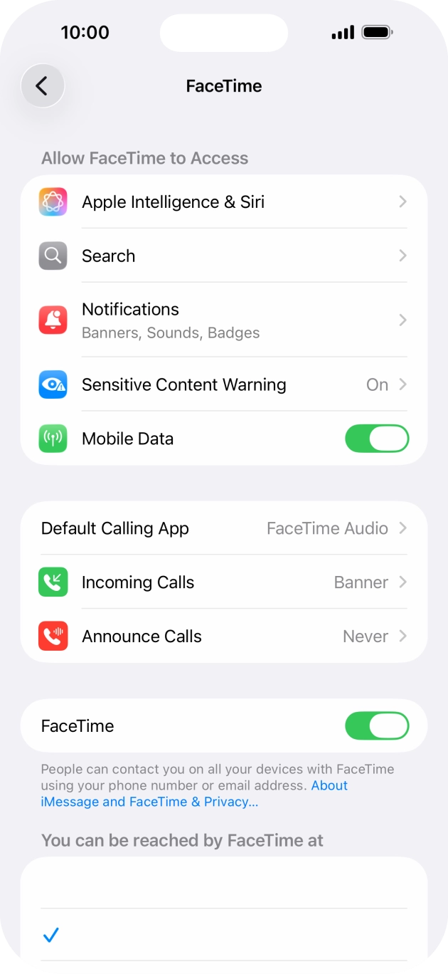 Press the indicator next to 'FaceTime' to turn the function on or off. Press the indicator next to 'FaceTime' to turn the function on or off.