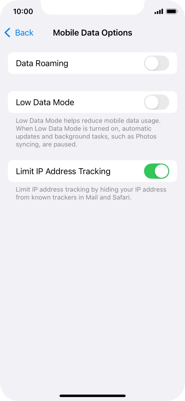 Press the indicator next to 'Low Data Mode' to turn the function on or off.