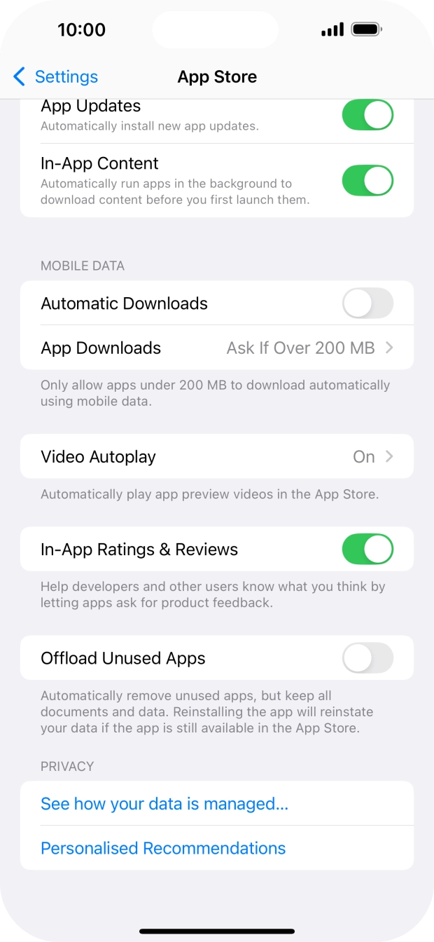 Press the indicator next to 'Offload Unused Apps' to turn the function on or off. Press the indicator next to 'Offload Unused Apps' to turn the function on or off.
