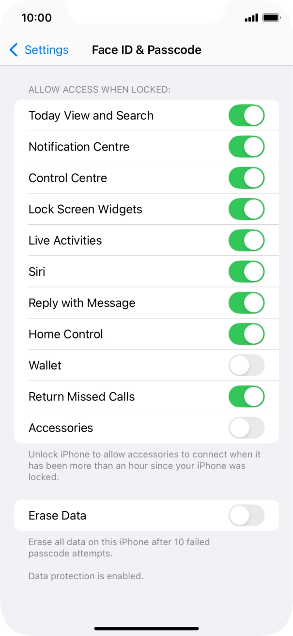Press the indicator next to 'Erase Data' to turn the function on or off.
