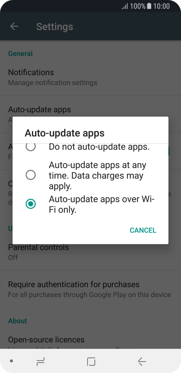 To turn on automatic update of apps using WiFi, press Auto-update apps over Wi-Fi only.. To turn on automatic update of apps using WiFi, press Auto-update apps over Wi-Fi only..