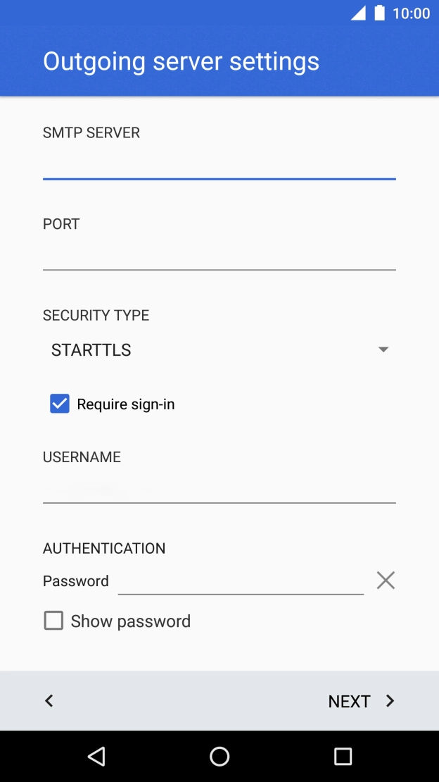 Press the field below 'SMTP SERVER' and key in the name of your email provider's outgoing server.