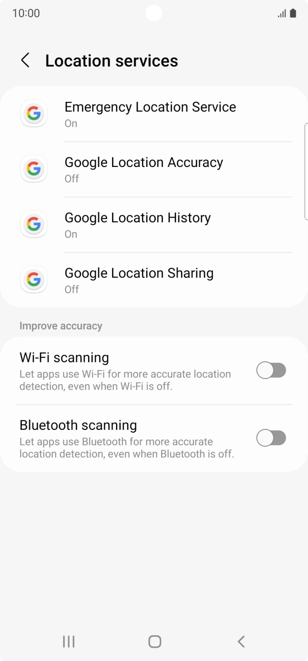 Press Google Location Accuracy. Press Google Location Accuracy.