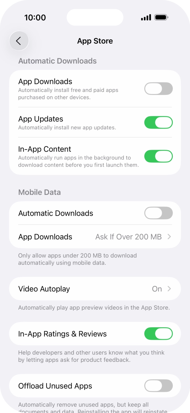 Press the indicator next to 'App Updates' to turn the function on or off. Press the indicator next to 'App Updates' to turn the function on or off.