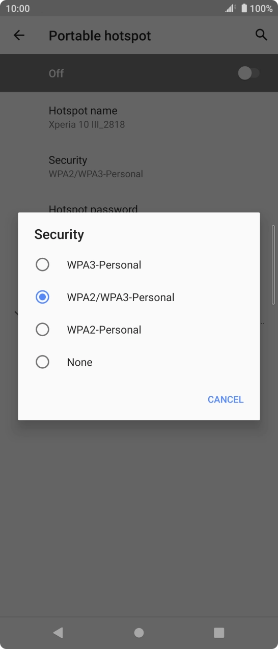 Press WPA3-Personal to password protect your WiFi hotspot. Press WPA3-Personal to password protect your WiFi hotspot.