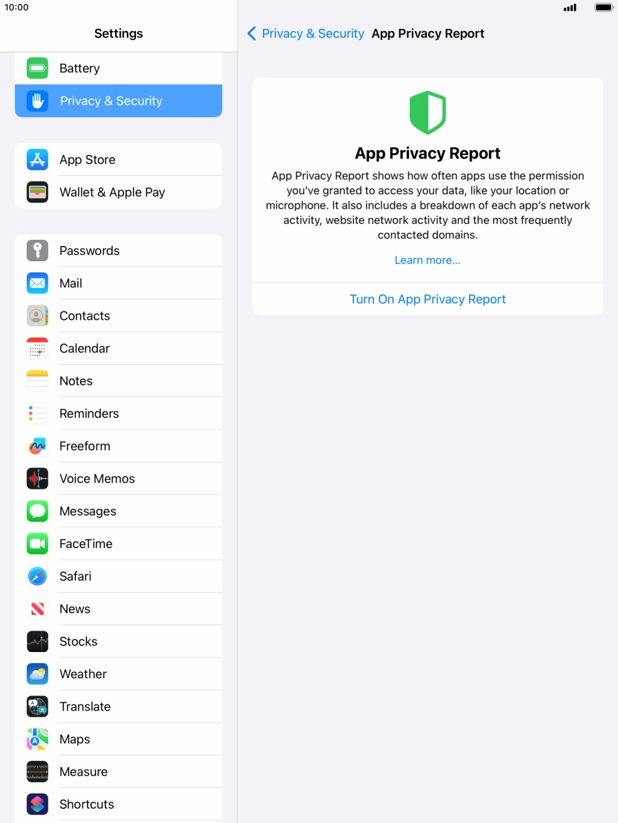 Press Turn On App Privacy Report to turn on the function.