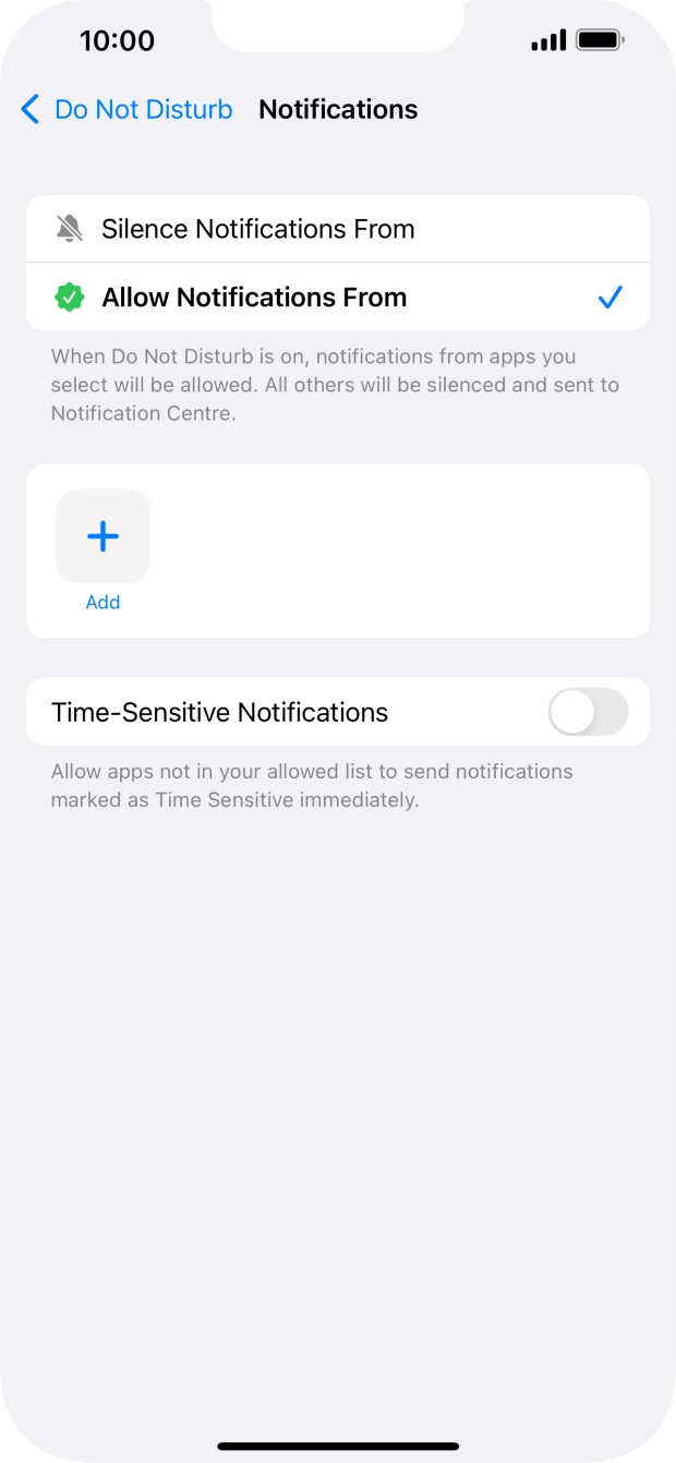 Press the indicator next to 'Time-Sensitive Notifications' to turn display of timed notifications on or off when Do Not Disturb is turned on. Press the indicator next to 'Time-Sensitive Notifications' to turn display of timed notifications on or off when Do Not Disturb is turned on.