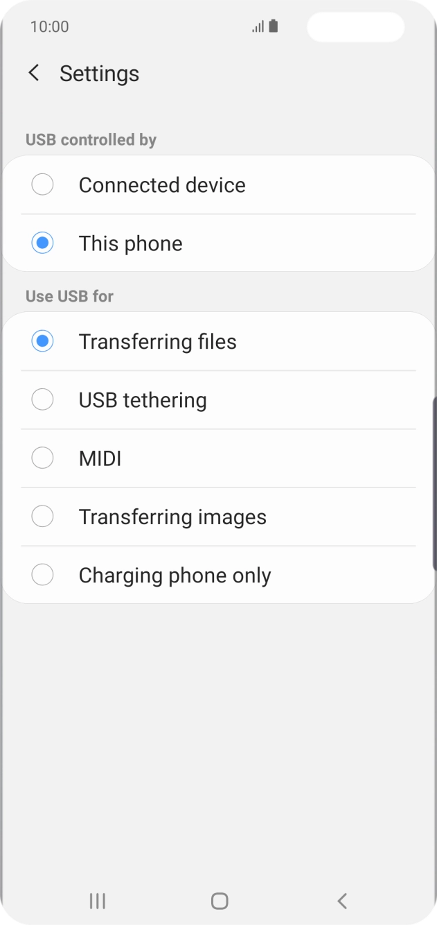 Press Transferring files to turn on the function. Press Transferring files to turn on the function.
