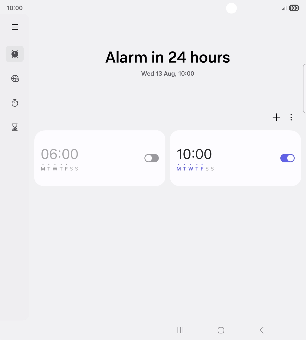 Press the indicator next to the required alarm to turn the alarm on or off.