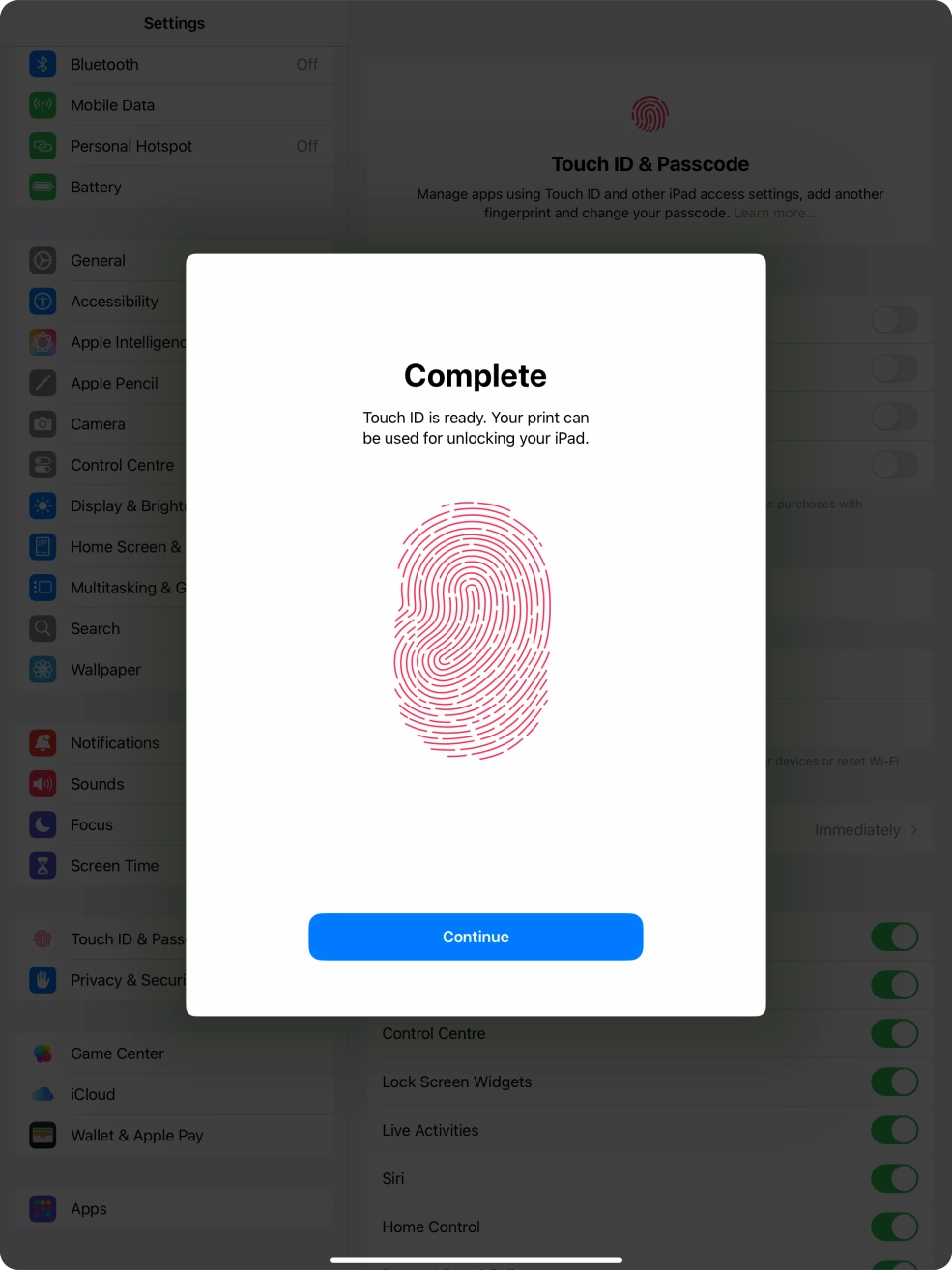 Press Continue. If you haven't previously selected a lock code, key in a code of your own choice twice.