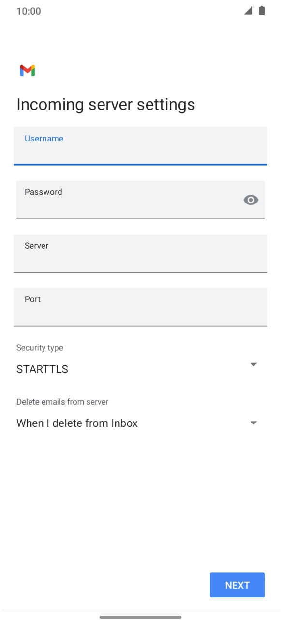 Press the field below 'Server' and key in the name of your email provider's incoming server. Press the field below 'Server' and key in the name of your email provider's incoming server.