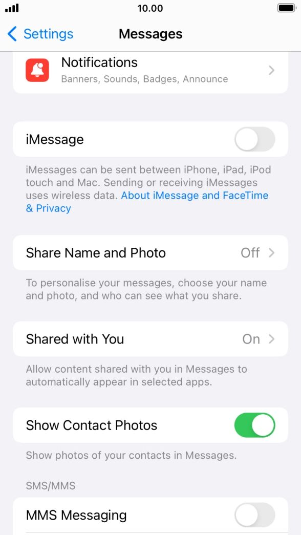 Press the indicator next to 'iMessage' to turn on the function.
