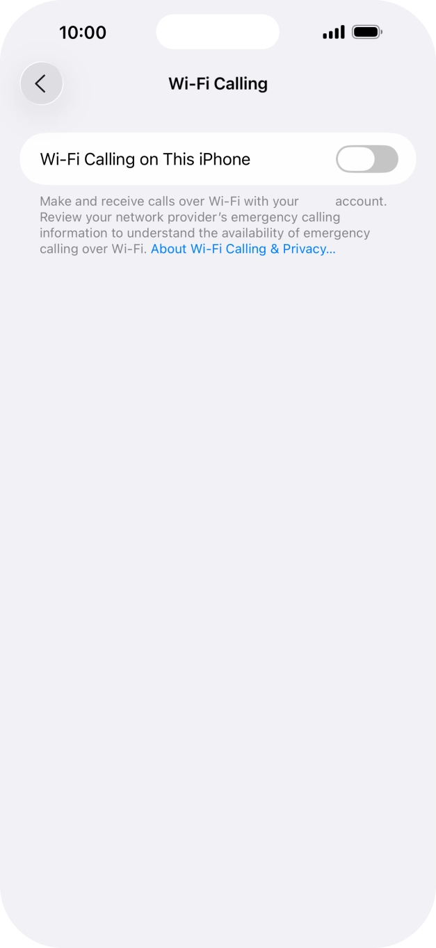 Press the indicator next to 'Wi-Fi Calling on This iPhone' to turn the function on or off. Press the indicator next to 'Wi-Fi Calling on This iPhone' to turn the function on or off.