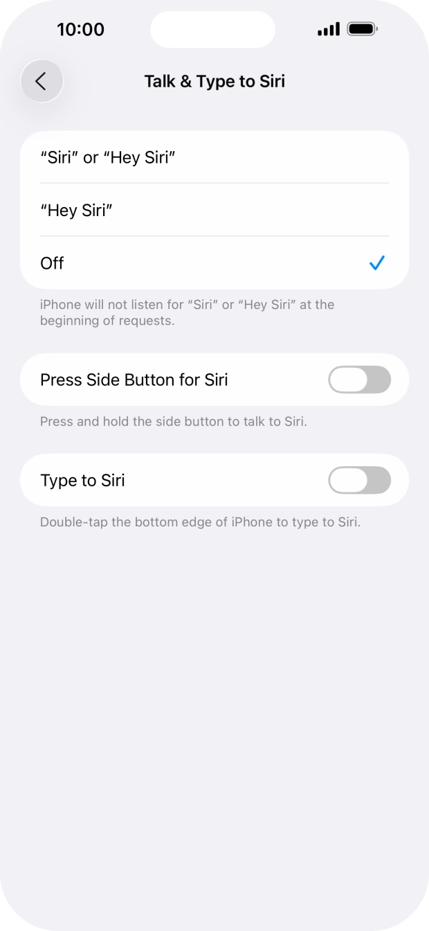 Press the indicator next to 'Press Side Button for Siri' to turn on the function. Press the indicator next to 'Press Side Button for Siri' to turn on the function.