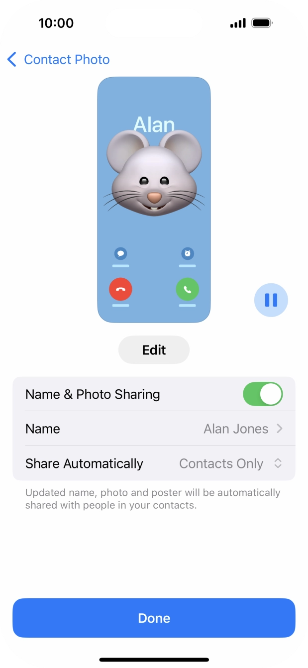Press the indicator next to 'Name & Photo Sharing' to turn the function on or off. Press the indicator next to 'Name & Photo Sharing' to turn the function on or off.