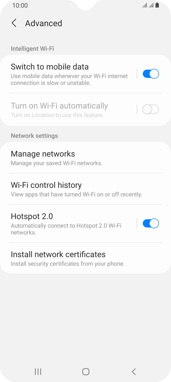 Press the indicator next to 'Switch to mobile data' to turn the function on or off. Press the indicator next to 'Switch to mobile data' to turn the function on or off.