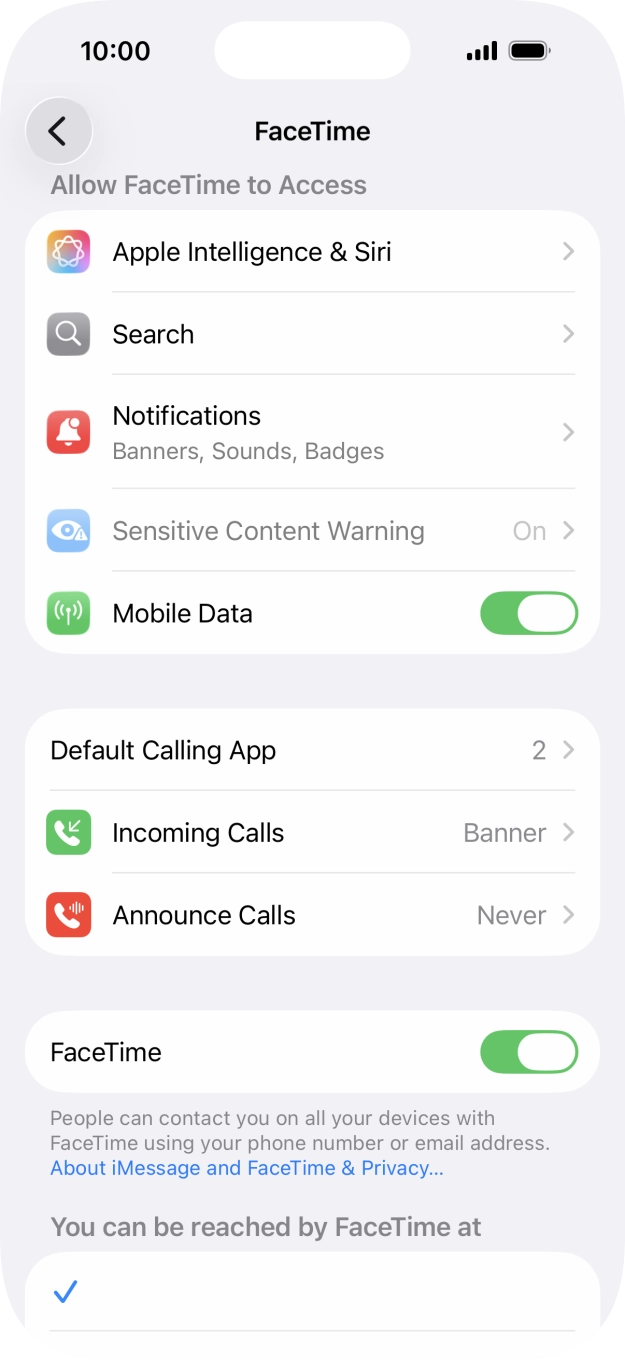 Press the indicator next to 'FaceTime' to turn the function on or off. Press the indicator next to 'FaceTime' to turn the function on or off.