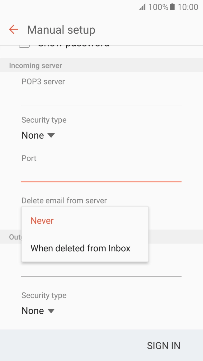 Press Never to keep emails on the server when you delete them on your phone.