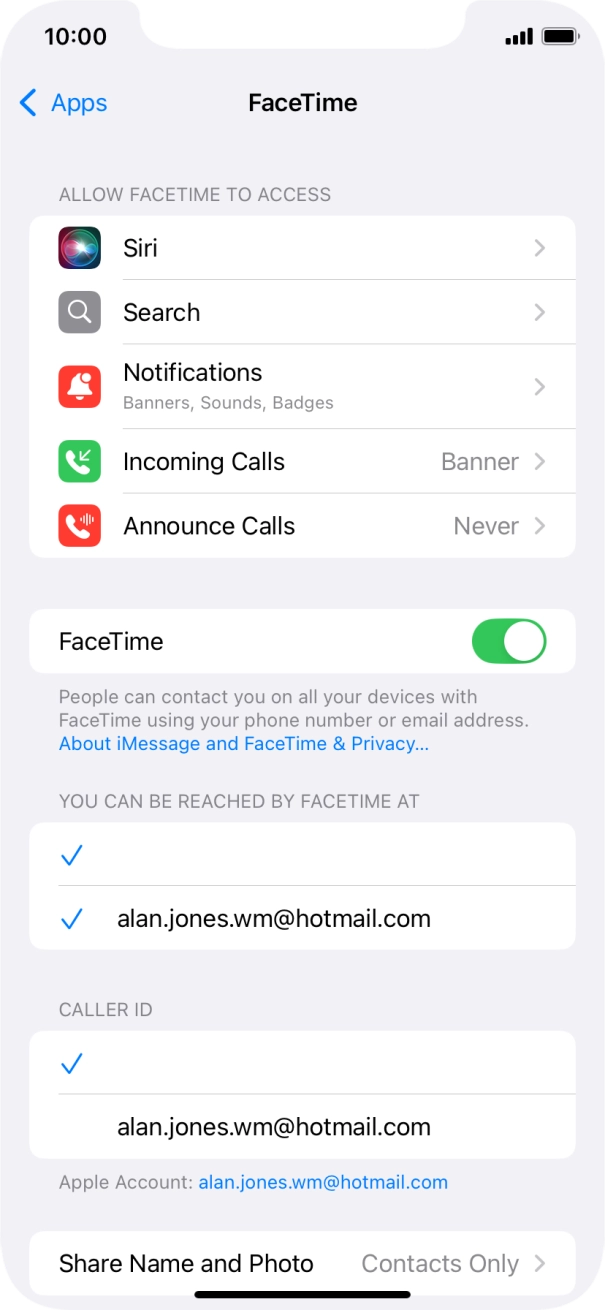 Press the indicator next to 'FaceTime' to turn the function on or off.