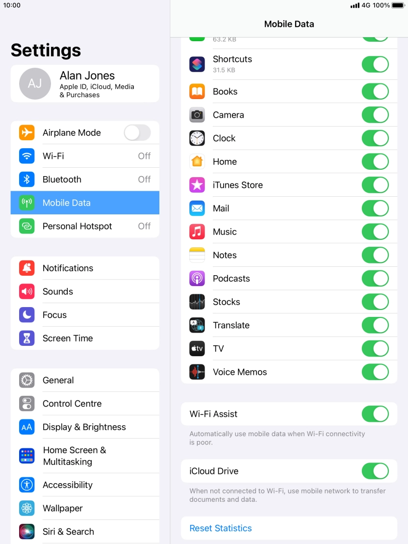 Press the indicators next to the required applications to turn the function on or off.