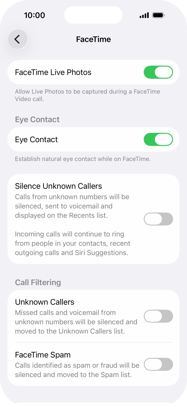 Press the indicator next to 'FaceTime Live Photos' to turn the function on or off. Press the indicator next to 'FaceTime Live Photos' to turn the function on or off.