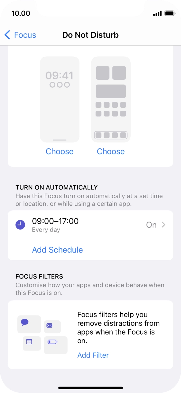 Press Add Schedule and follow the instructions on the screen to select settings for automatic activation of Do Not Disturb. Press Add Schedule and follow the instructions on the screen to select settings for automatic activation of Do Not Disturb.