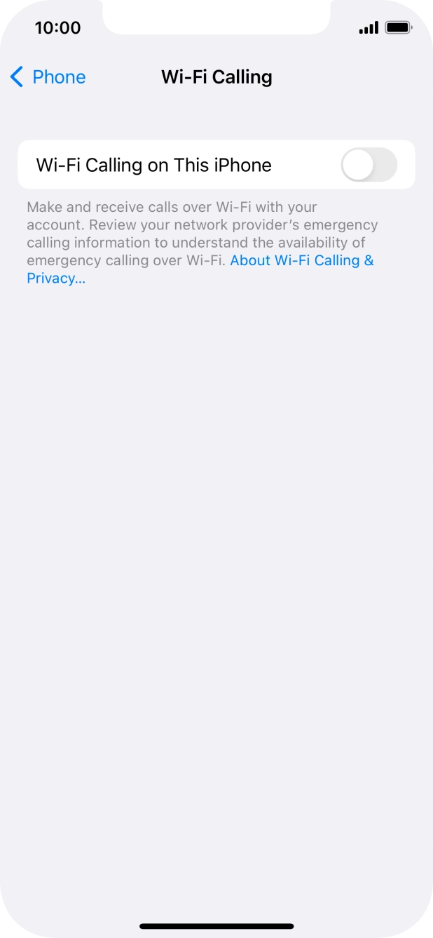 Press the indicator next to 'Wi-Fi Calling on This iPhone' to turn the function on or off. Press the indicator next to 'Wi-Fi Calling on This iPhone' to turn the function on or off.