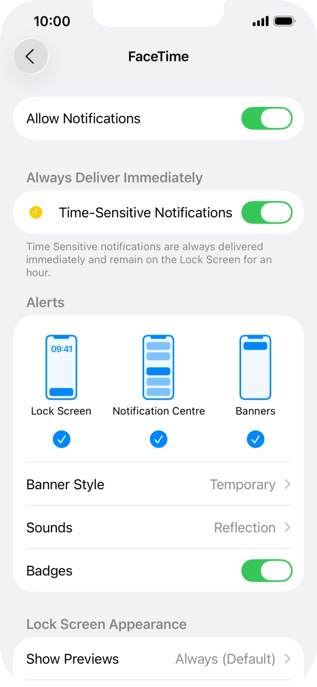 Press the indicator next to 'Allow Notifications' to turn notifications for the selected application on or off. Press the indicator next to 'Allow Notifications' to turn notifications for the selected application on or off.