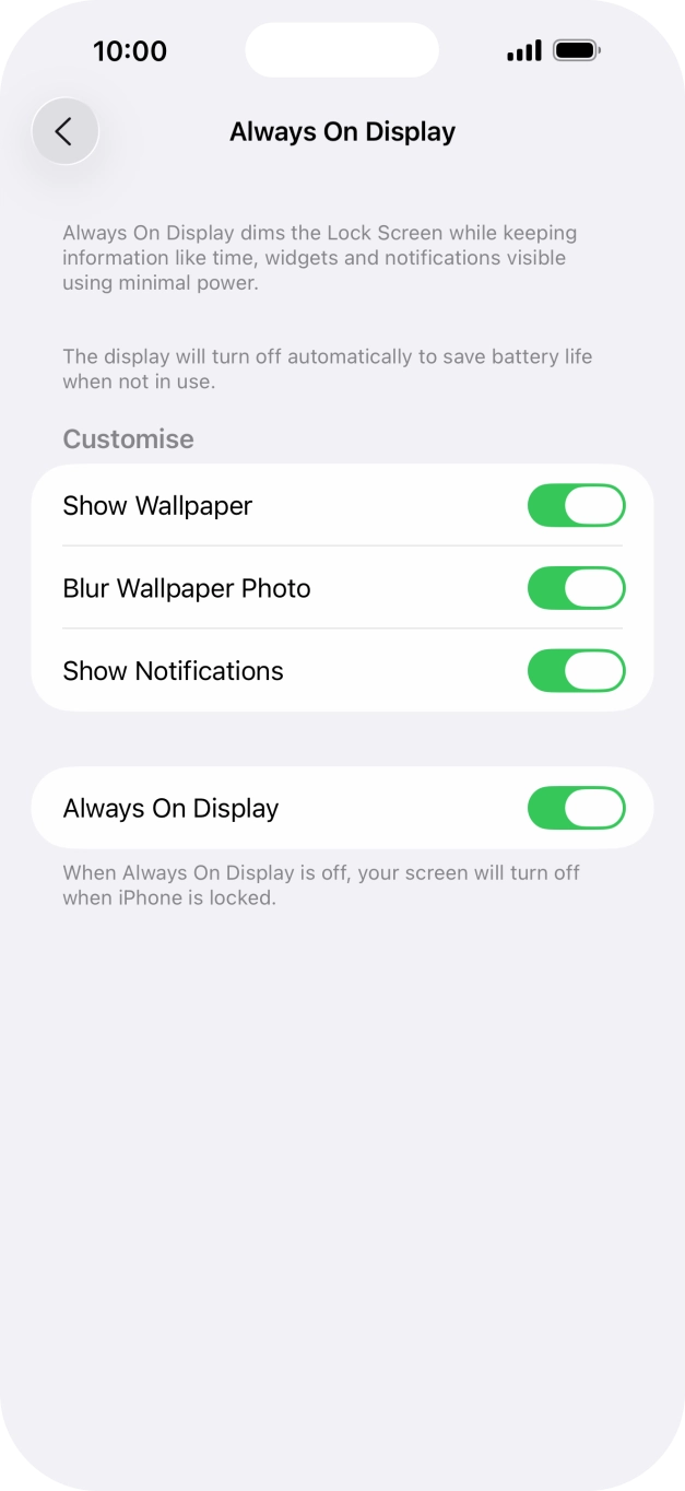 Press the indicator next to 'Always On Display' to turn the function on or off. Press the indicator next to 'Always On Display' to turn the function on or off.