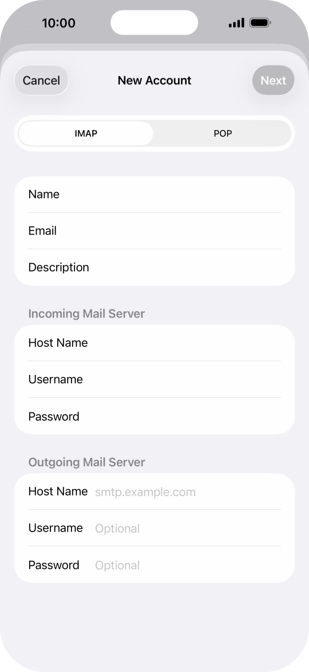 Press Host Name and key in the name of your email provider's outgoing server. Press Host Name and key in the name of your email provider's outgoing server.