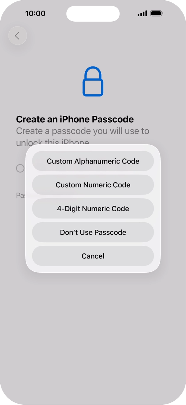Follow the instructions on the screen to turn on the lock code or press Don't Use Passcode. Follow the instructions on the screen to turn on the lock code or press Don't Use Passcode.