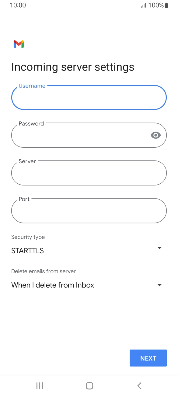Press the field below 'Server' and key in the name of your email provider's incoming server. Press the field below 'Server' and key in the name of your email provider's incoming server.