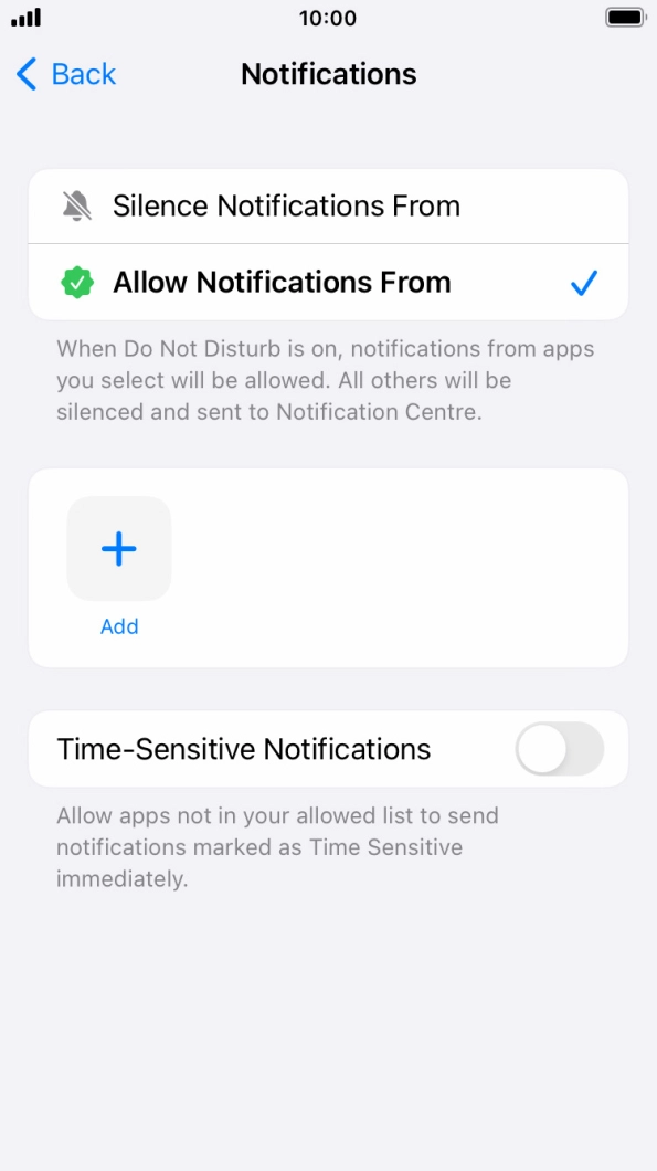 Press the indicator next to 'Time-Sensitive Notifications' to turn display of timed notifications on or off when Do Not Disturb is turned on. Press the indicator next to 'Time-Sensitive Notifications' to turn display of timed notifications on or off when Do Not Disturb is turned on.
