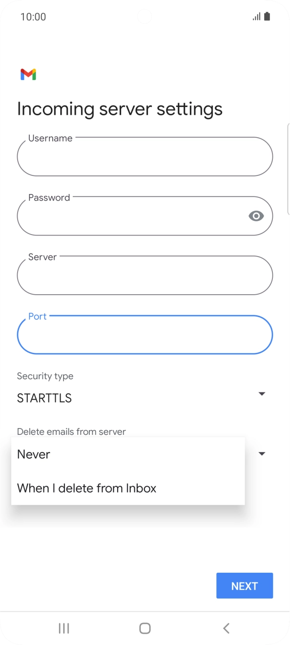 Press Never to keep emails on the server when you delete them on your phone. Press Never to keep emails on the server when you delete them on your phone.