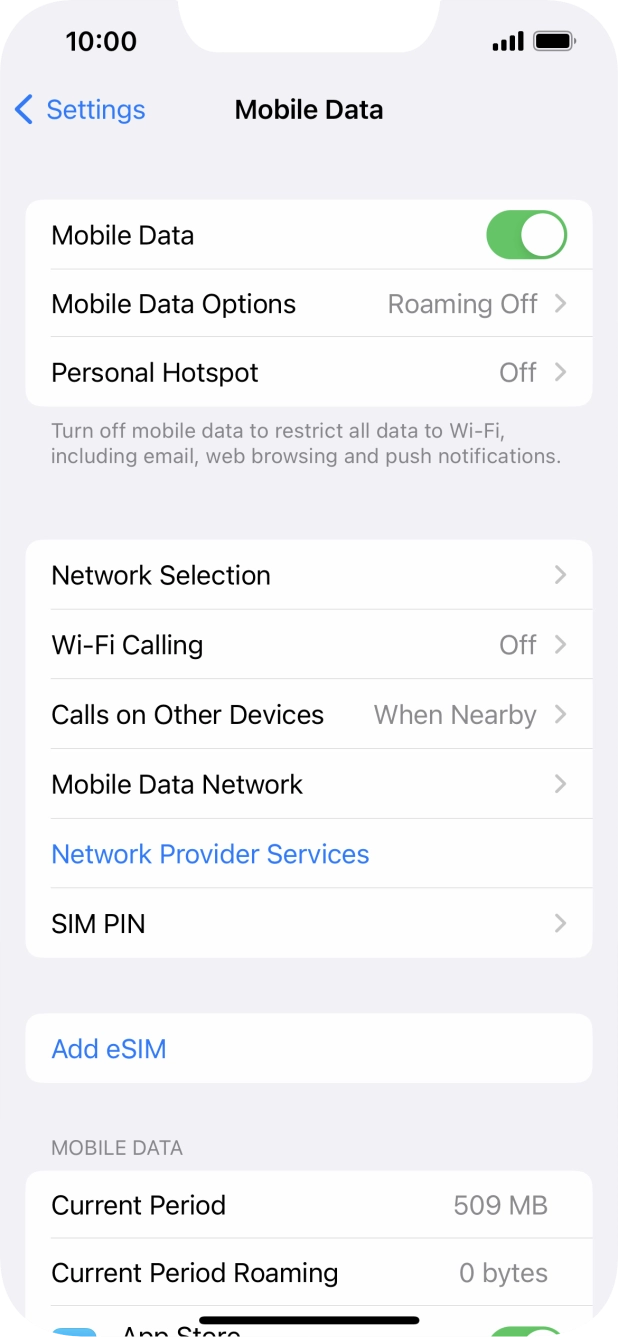 Press the indicator next to 'Mobile Data' to turn the function on or off. Press the indicator next to 'Mobile Data' to turn the function on or off.