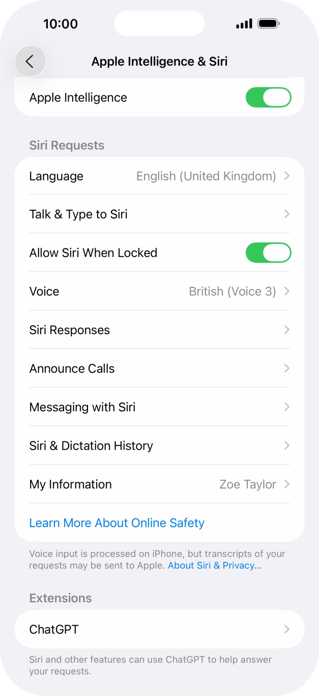 Press the indicator next to 'Allow Siri When Locked' to turn the function on or off. Press the indicator next to 'Allow Siri When Locked' to turn the function on or off.