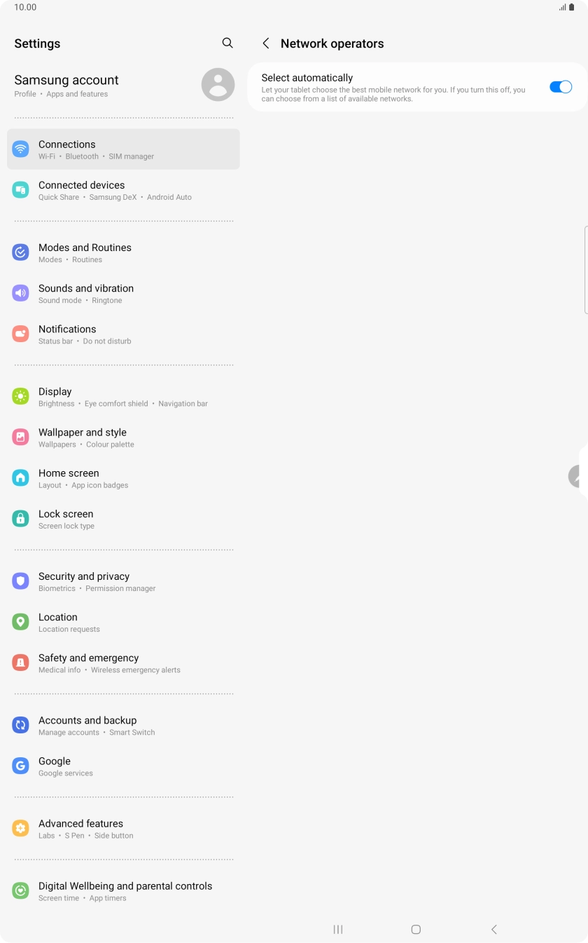 Press the indicator next to 'Select automatically' to turn off the function and wait while your tablet searches for networks. Press the indicator next to 'Select automatically' to turn off the function and wait while your tablet searches for networks.