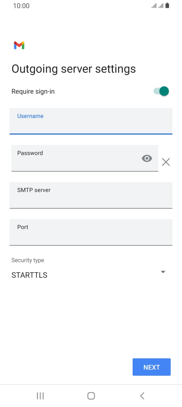 Press the field below 'Password' and key in the password of your email provider's outgoing server. Press the field below 'Password' and key in the password of your email provider's outgoing server.