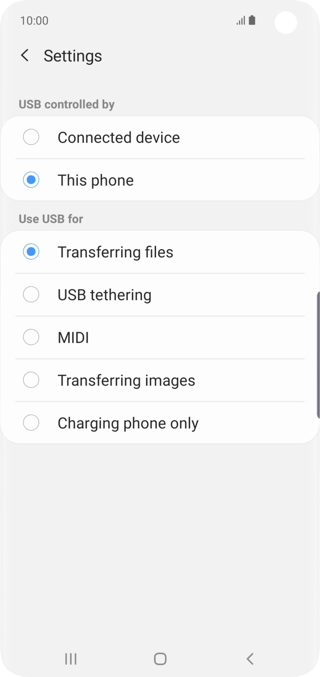 Press Transferring files to turn on the function. Press Transferring files to turn on the function.