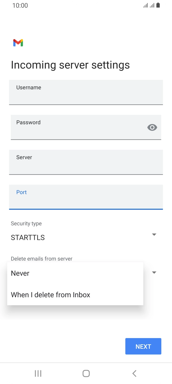 Press Never to keep emails on the server when you delete them on your phone. Press Never to keep emails on the server when you delete them on your phone.