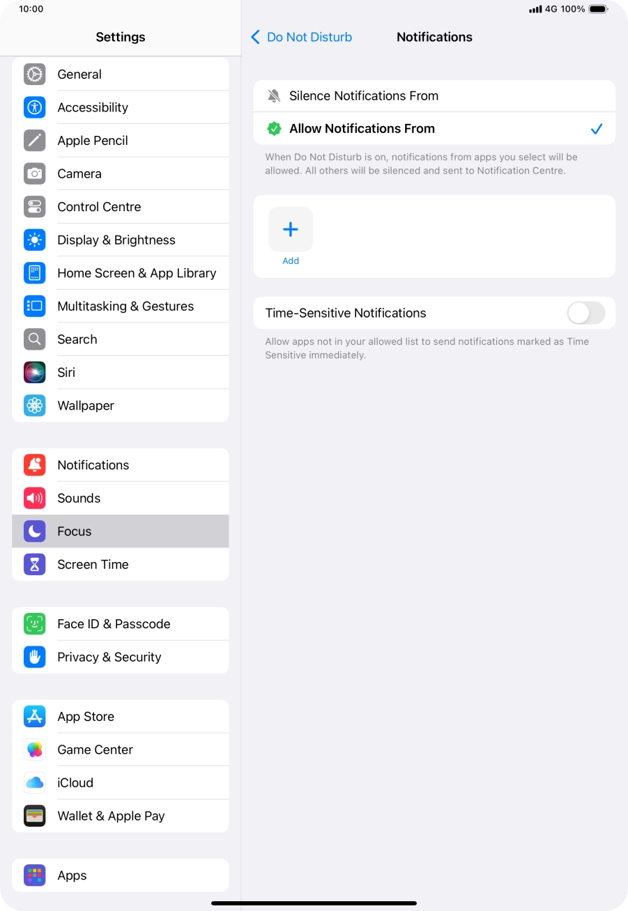 Press the indicator next to 'Time-Sensitive Notifications' to turn display of timed notifications on or off when Do Not Disturb is turned on. Press the indicator next to 'Time-Sensitive Notifications' to turn display of timed notifications on or off when Do Not Disturb is turned on.