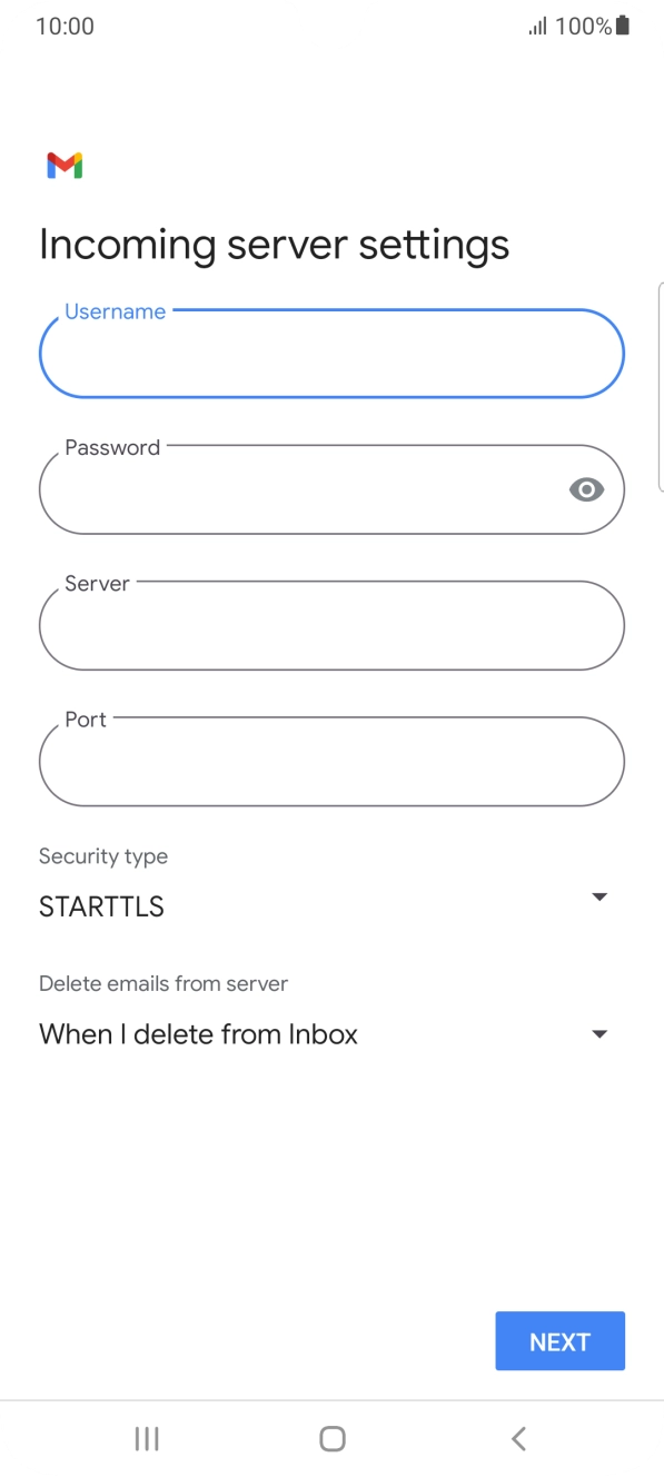 Press the field below 'Server' and key in the name of your email provider's incoming server. Press the field below 'Server' and key in the name of your email provider's incoming server.