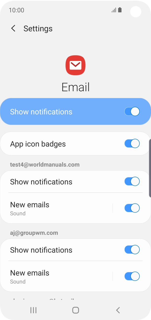 Press the indicator next to 'Show notifications' below the required email account to turn the function on or off. Press the indicator next to 'Show notifications' below the required email account to turn the function on or off.