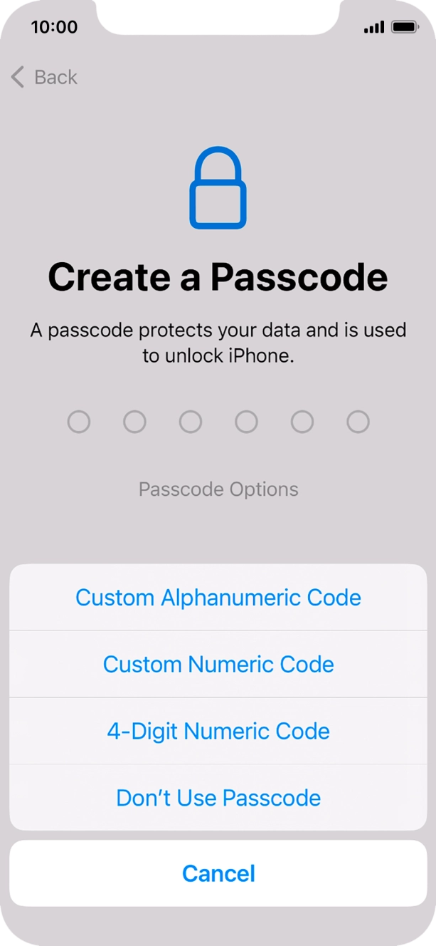 Follow the instructions on the screen to turn on the phone lock code or press Don't Use Passcode.