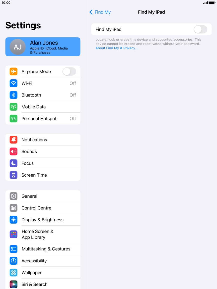 Press the indicator next to 'Find My iPad' to turn on the function. Press the indicator next to 'Find My iPad' to turn on the function.