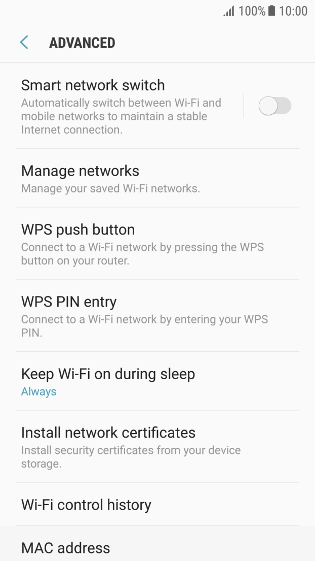 Press the indicator next to 'Smart network switch' to turn the function on or off. Press the indicator next to 'Smart network switch' to turn the function on or off.