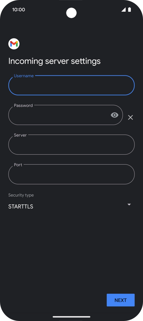 Press the field below 'Server' and key in the name of your email provider's incoming server. Press the field below 'Server' and key in the name of your email provider's incoming server.
