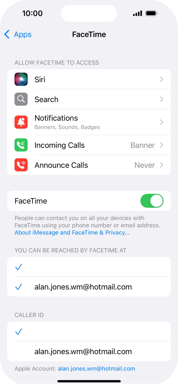 Press the indicator next to 'FaceTime' to turn the function on or off.